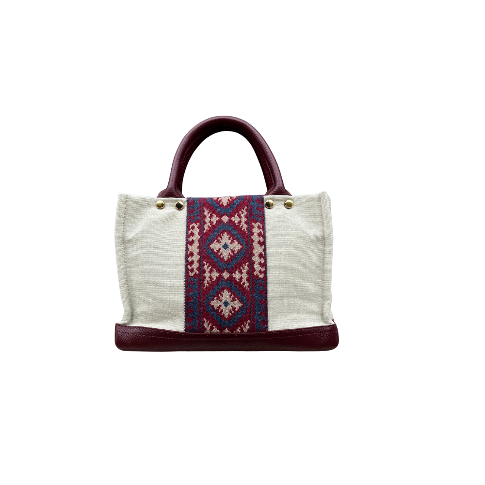 HH CREAM&BURGUNDY PATTERN ANTEP FABRİC TOTEBAG