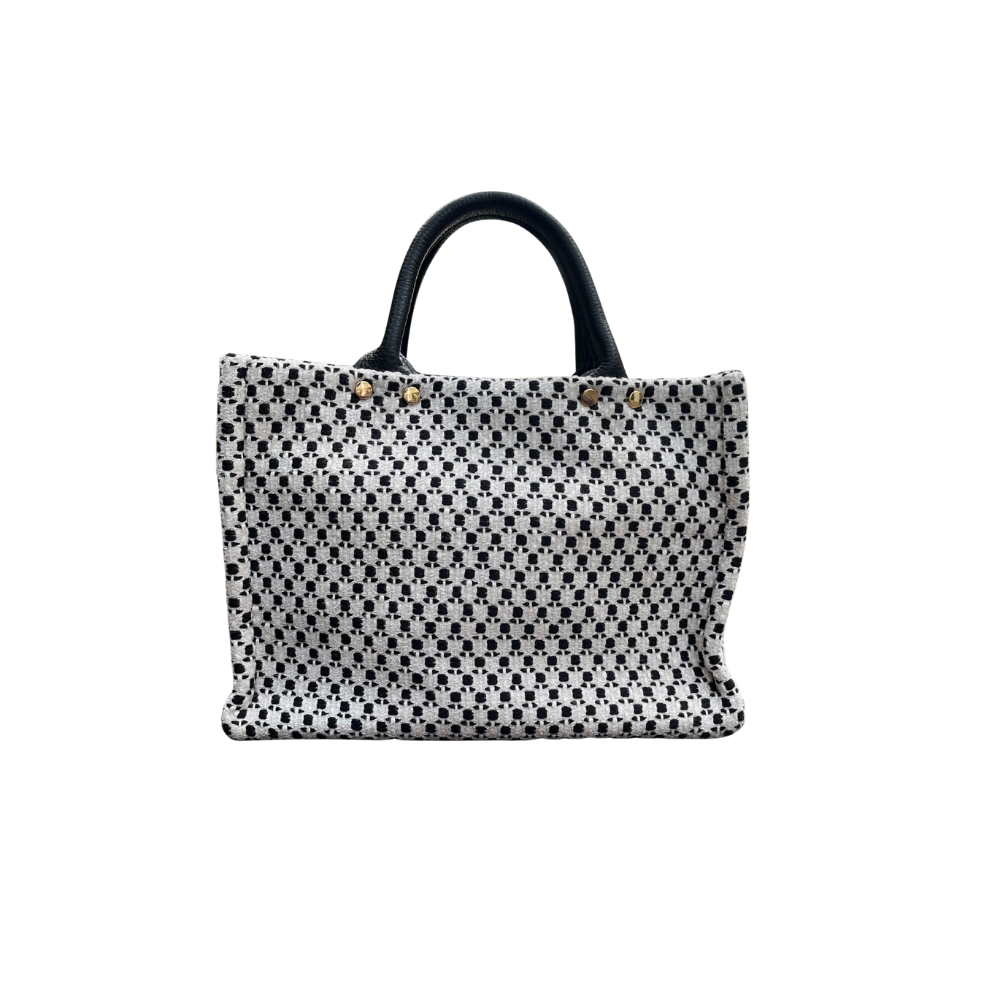 HH FABRİC POCKET BLACK&WHİTE LEATHER HANDLE TOTEBAG