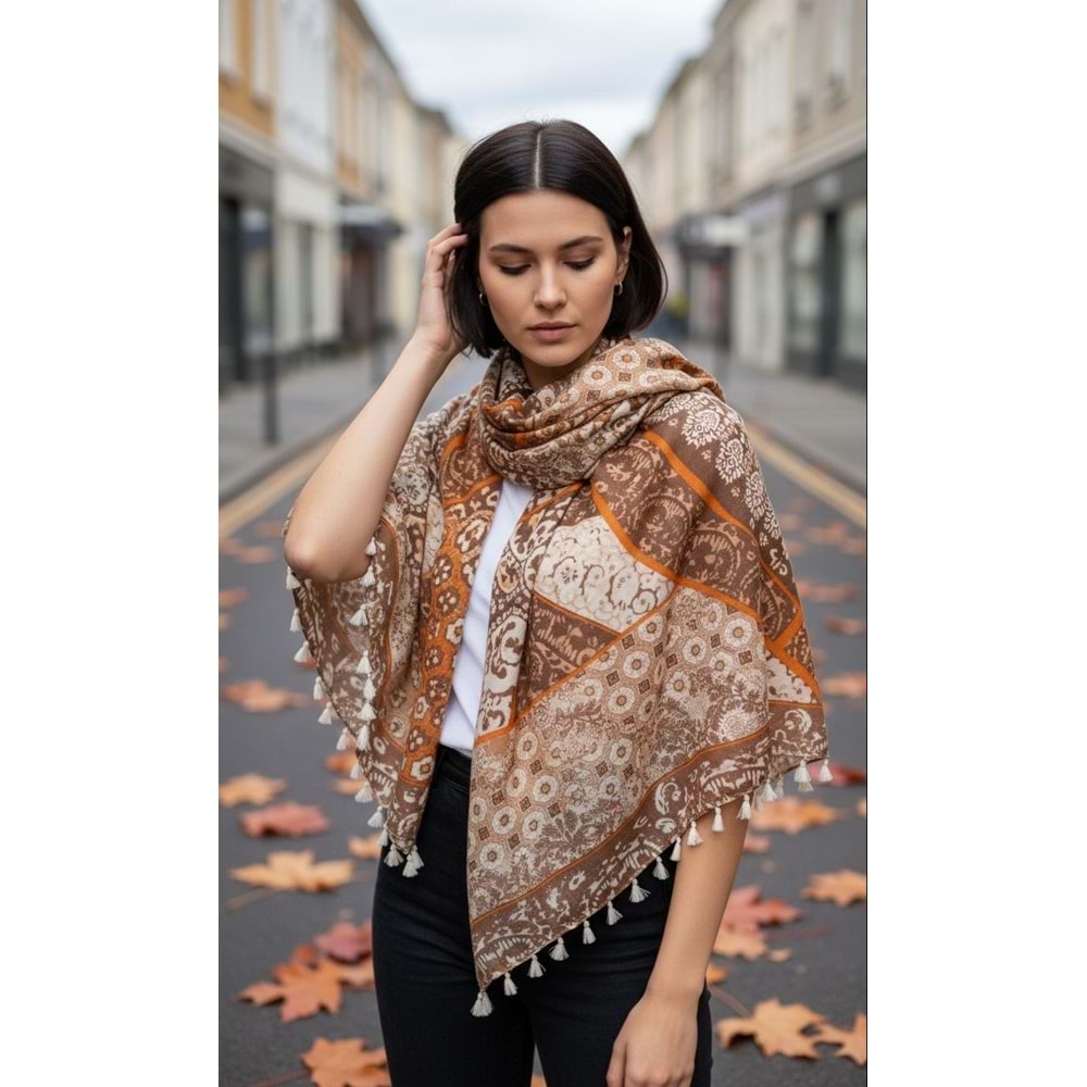 NW ETNİK DESENLİ PÜSKÜLLÜ ŞAL 15081 - NW - ŞAL - CAMEL - STD