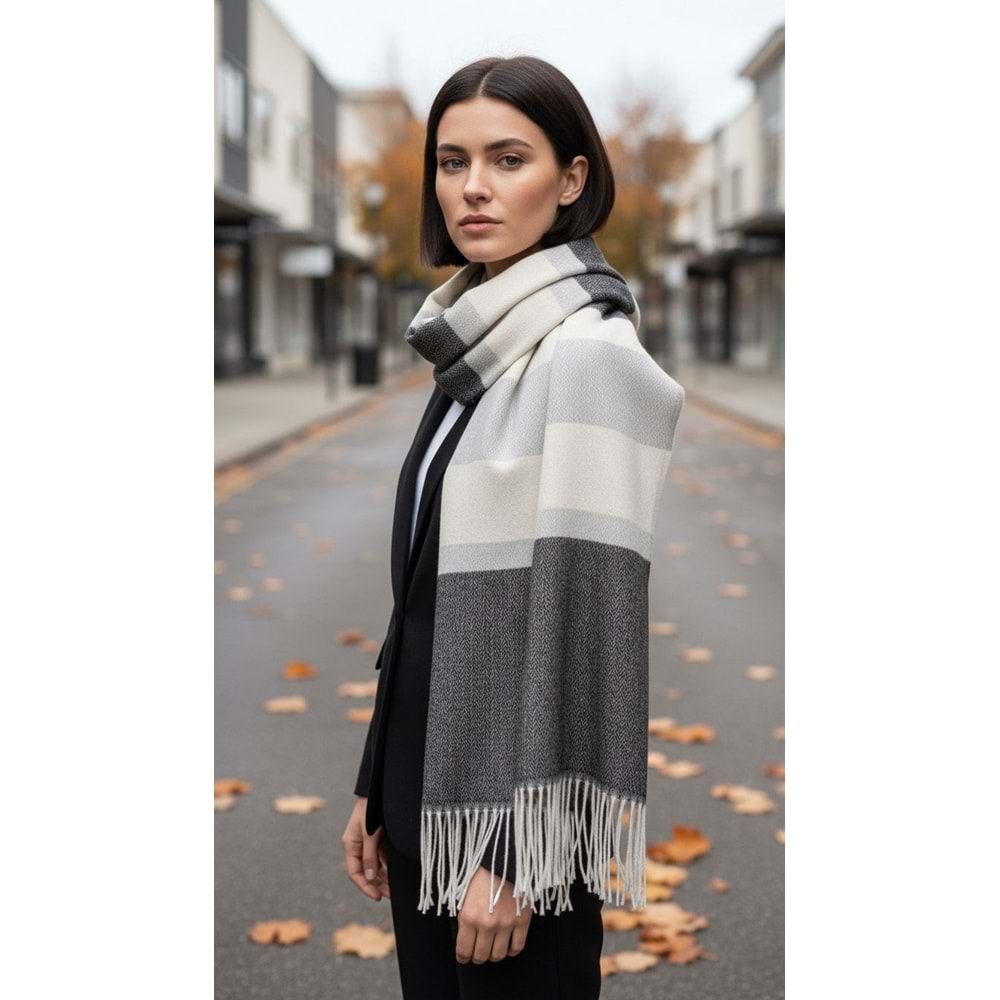 NW Kalın Dokuma İskoç Şalı - NW - ŞAL - SİYAH-EKRU - STD