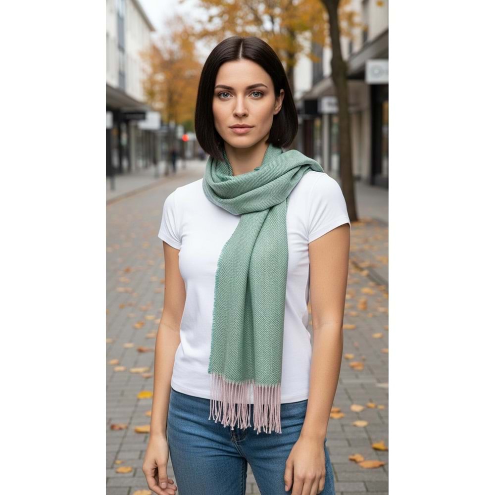 NW Kalın Dokuma İskoç Şalı - NW - ŞAL - YEŞİL-BEYAZ ÇİZGİLİ - STD