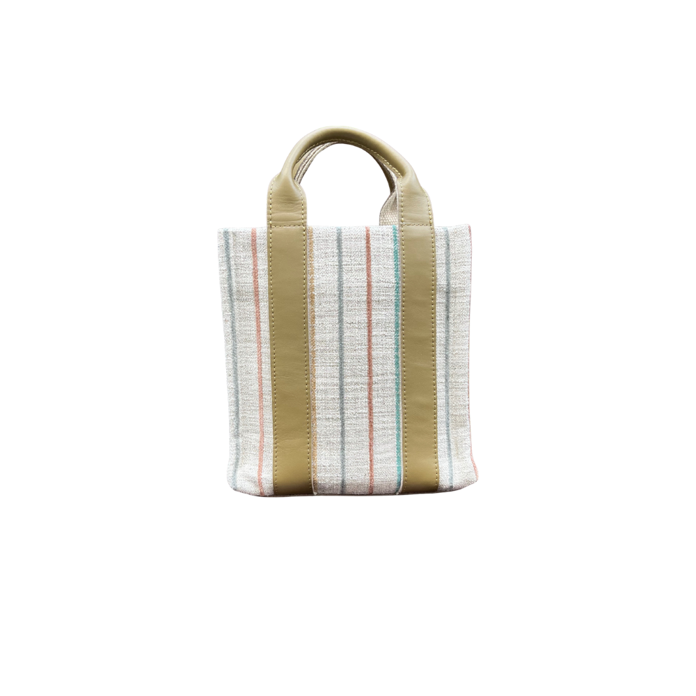 HH Cream Fabric Stripe Green Leather Handle Ladybag