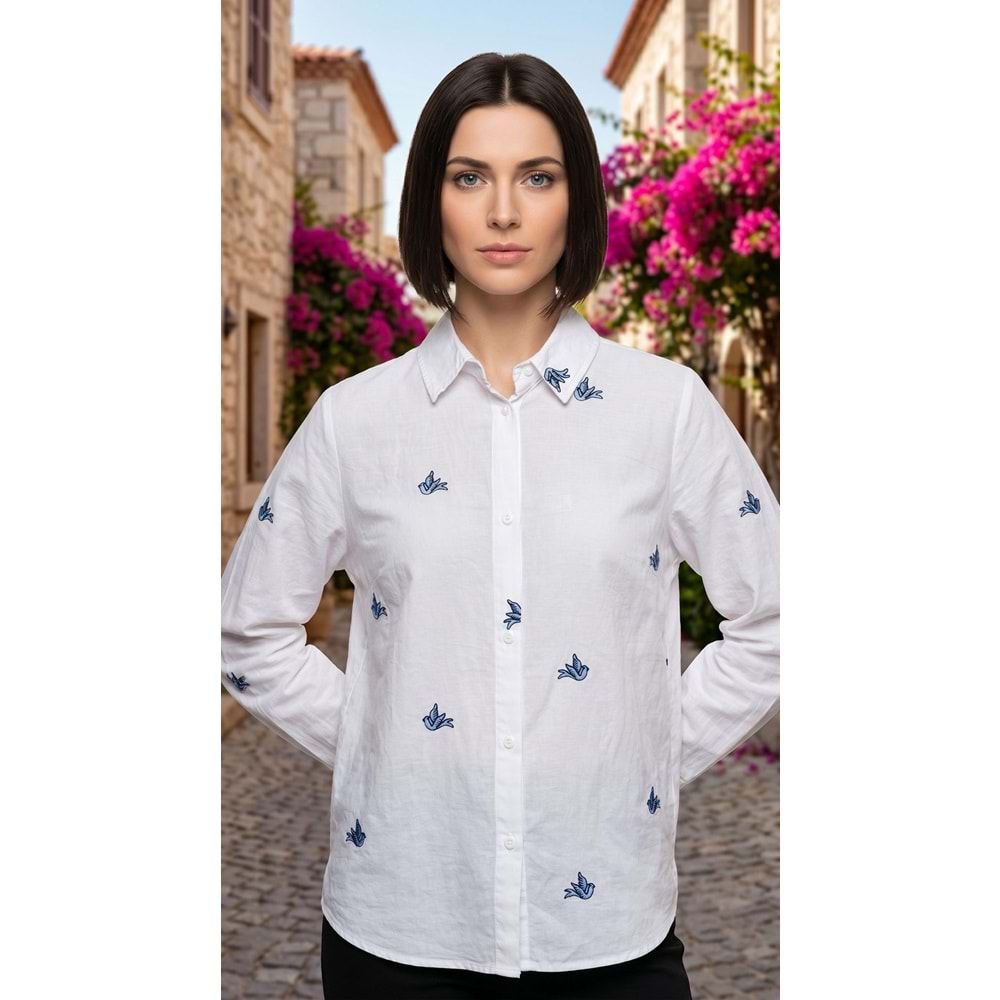 PL GÖMLEK 45681 - PL - Gömlek - BEYAZ-KUŞ NAKIŞLI - L - 25SS-PL-GMLK-45681-22247