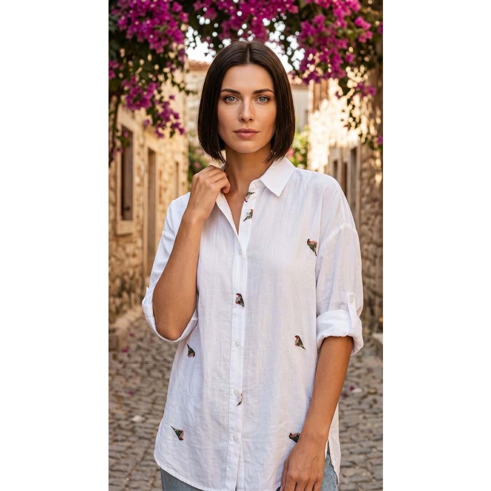 PL GÖMLEK 47451 - PL - Gömlek - BEYAZ-KUŞ NAKIŞLI - S