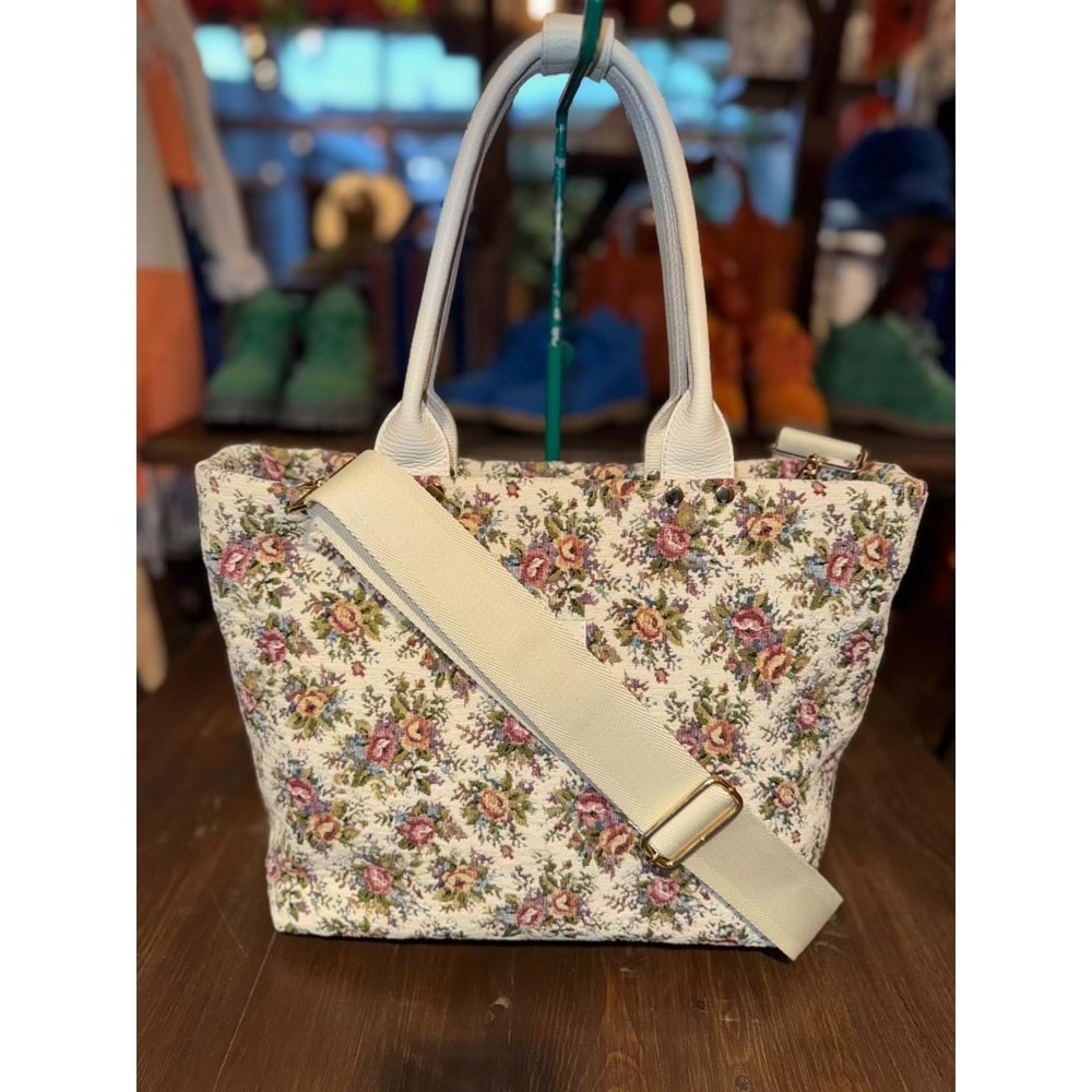 Wintage White Flowers Large Foldbag
