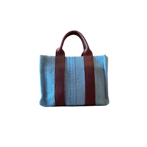 HH FABRİC PATTERN BLUE&BURGUNDY LEATHER HANDLE TOTEBAG