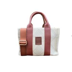 HH FABRİC SQUARE PATTERN LEATHER HANDLE TOTEBAG