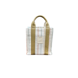 HH Cream Fabric Stripe Green Leather Handle Ladybag