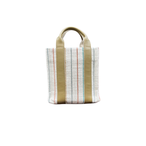 HH Cream Fabric Stripe Green Leather Handle Ladybag