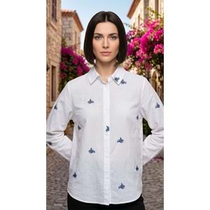 PL GÖMLEK 45681 - PL - Gömlek - BEYAZ-KUŞ NAKIŞLI - L - 25SS-PL-GMLK-45681-22247