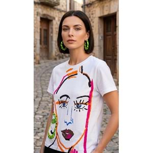 HBS T-Shirt 096 - Heaven By Sisters - T-Shirt - Beyaz-Turuncu Mavi - M - 34SS095-ELB-2023-Beyaz-Turun-M