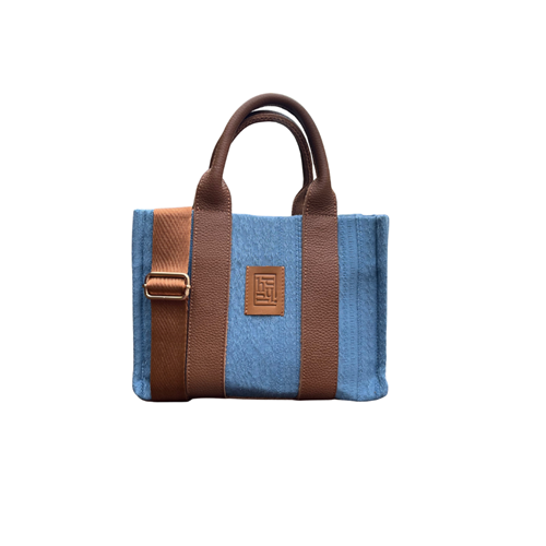 HH FABRİC PATTERN BLUE&TAN LEATHER HANDLE TOTEBAG