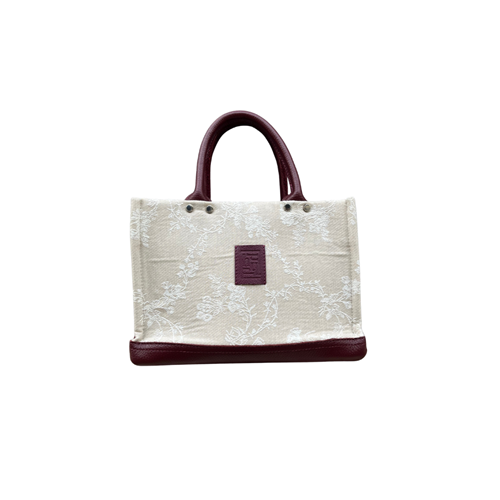HH FABRİC CREAM PATTERN LEATHER HANDLE TOTEBAG