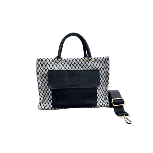 HH FABRİC POCKET BLACK&WHİTE LEATHER HANDLE TOTEBAG
