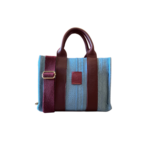 HH FABRİC PATTERN BLUE&BURGUNDY LEATHER HANDLE TOTEBAG