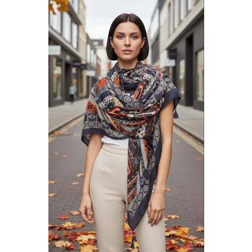 NW DESENLİ PÜSKÜLLÜ ŞAL 15239 - NW - ŞAL - LACİVERT - STD