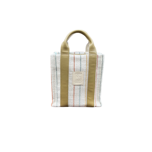 HH Cream Fabric Stripe Green Leather Handle Ladybag