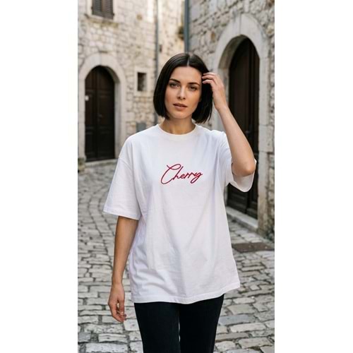 QZ T-SHİRT 02027 - QZ - T-SHİRT - BEYAZ NAKIŞLI - M - 26AW-QZ-TSHRT-02027-27394