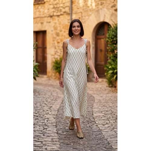 RB ELBİSE 39980 - RB - Elbise - EKRU-YEŞİL OK - STD - 26SS-RB-ELB-39980-26529