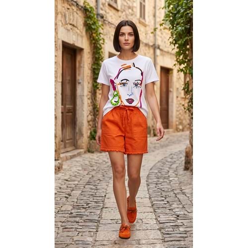HBS T-Shirt 096 - Heaven By Sisters - T-Shirt - Beyaz-Turuncu Mavi - M - 34SS095-ELB-2023-Beyaz-Turun-M